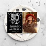 Invitation Black & Silver moderne 50e photo d'anniversaire su<br><div class="desc">Invitation de fête d'anniversaire moderne noir et argent surprise pour quelqu'un qui a 50 ans! Doté d'un arrière - plan noir, d'une photographie de l'homme/femme d'anniversaire, de confettis de parties scintillant en faux argent, de ballons d'argent pour le 50e anniversaire et d'un modèle d'anniversaire élégant qui est facile à customiser....</div>