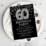 Invitation Black & Silver moderne 60e fête d'anniversaire sur<br><div class="desc">Moderne noir et argent surprise soixante anniversaire invitation fête! Doté d'un arrière - plan noir,  d'un script de calligraphie blanc et d'une police serif,  de faux confettis de parties scintillant argent,  de ballons d'hélium argent moderne 60e anniversaire et d'un modèle d'anniversaire élégant qui est facile à customiser.</div>