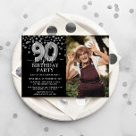 Invitation Black & Silver moderne 90e photo d'anniversaire su<br><div class="desc">Invitation de fête d'anniversaire moderne noir et argent surprise pour quelqu'un qui a 90 ans! Doté d'un arrière - plan noir,  d'une photographie de l'homme/femme d'anniversaire,  de confettis de parties scintillant en argent,  de ballons d'argent pour le 90ème anniversaire et d'un modèle d'anniversaire élégant qui est facile à customiser.</div>