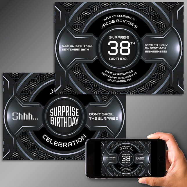 Invitation Black Silver N'importe quel âge Surprise fête d'an (Créateur téléchargé)
