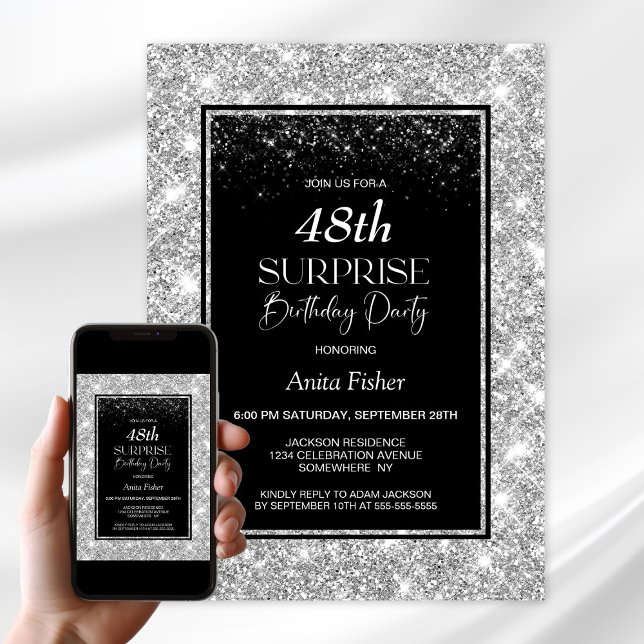 Invitation Black Silver N'importe quel âge Surprise fête d'an (Créateur téléchargé)