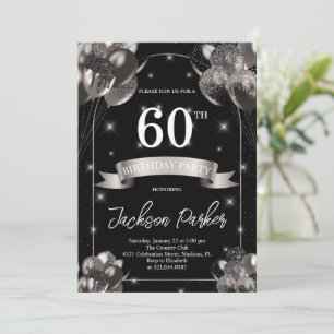 Invitation Black Silver Parties scintillant Ballons 60e fête 
