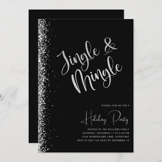 Invitation Black Silver Parties scintillant Jingle Mingle Fêt (Devant / Derrière)