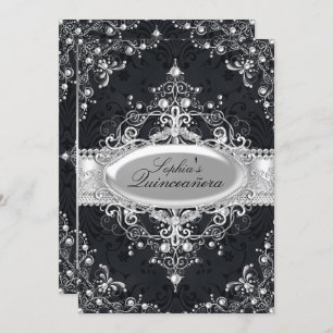Invitation Black & Silver Pearl Vintage Glamor Quinceanera