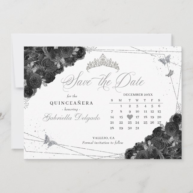 Invitation Black & Silver Quinceañera Enregistrer La Date (Devant)