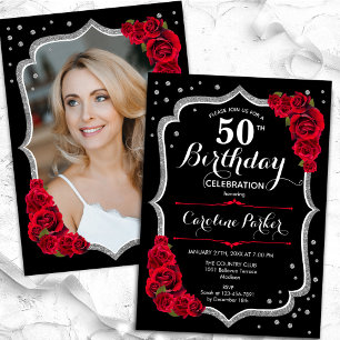 Invitation Black Silver Red Roses Photo 50e anniversaire