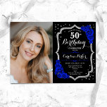 Invitation Black Silver Royal Blue Photo 50e anniversaire<br><div class="desc">Elégante invitation à 50ème anniversaire fleurie avec votre photo. Décor bleu royal noir glam avec faux parties scintillant argent. Caractéristiques saphir bleu rose, police de script et confetti. Parfait pour une fête anniversaire adulte élégante. Personnalisez avec vos propres détails. Peut être customisé pour n'importe quel âge ! Invitations Zazzle imprimées...</div>