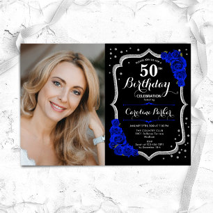 Invitation Black Silver Royal Blue Photo 50e anniversaire