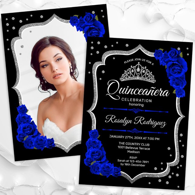 Invitation Black Silver Royal Blue Photo Quinceanera (Créateur téléchargé)