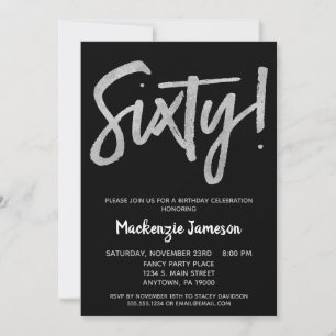 Invitation Black Silver Script 60e anniversaire de fête Invit
