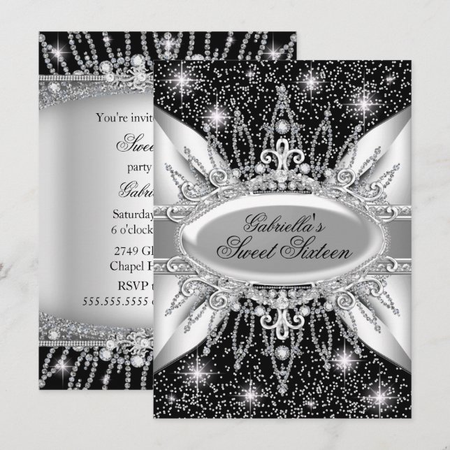 Invitation Black & Silver Sparkle Diamond Sweet 16 (Devant / Derrière)