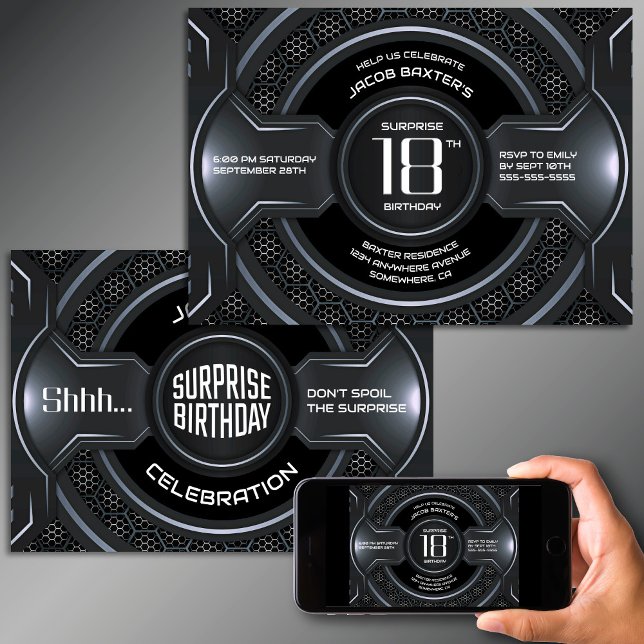 Invitation Black Silver Surprise 18ème anniversaire (Créateur téléchargé)