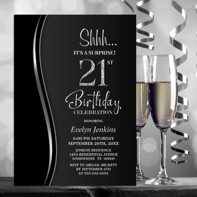 Invitation Black Silver Surprise 21e anniversaire (Créateur téléchargé)