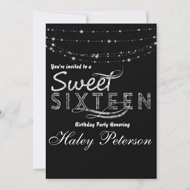Invitation Black Silver Sweet 16 Parties scintillant Glam Par (Devant)