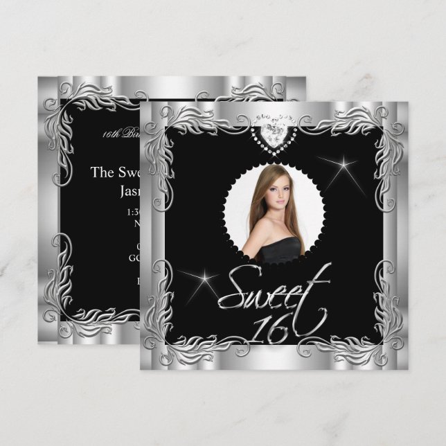 Invitation Black Silver Sweet Seize Photo Sweet 16 (Devant / Derrière)