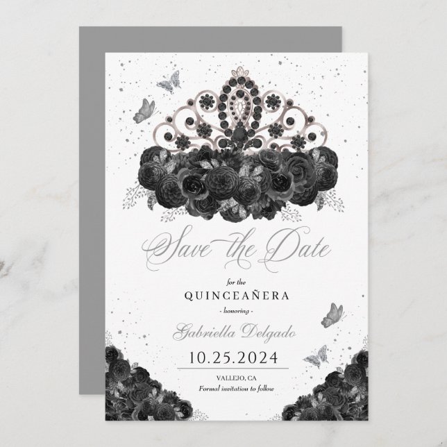 Invitation Black & Silver Tiara Enregistrer La Date Quinceañe (Devant / Derrière)