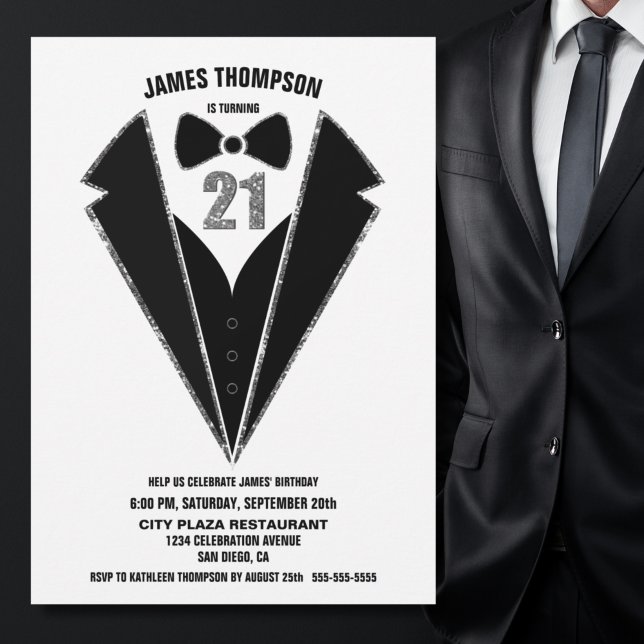Invitation Black Silver Tuxedo 21st Birthday Party (Créateur téléchargé)