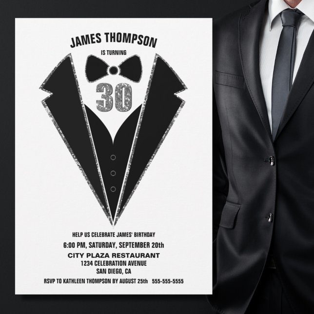 Invitation Black Silver Tuxedo 30e anniversaire fête (Créateur téléchargé)