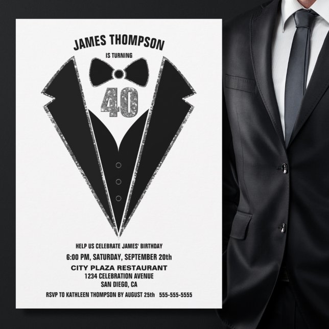 Invitation Black Silver Tuxedo 40e fête d'anniversaire (Créateur téléchargé)