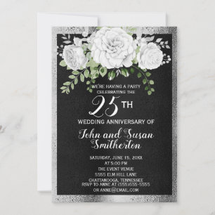 Invitation Black Silver White Floral 25e anniversaire Mariage