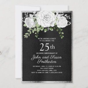 Invitation Black Silver White Floral 25e anniversaire Mariage