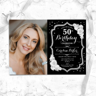 Invitation Black Silver White Photo 50th Birthday