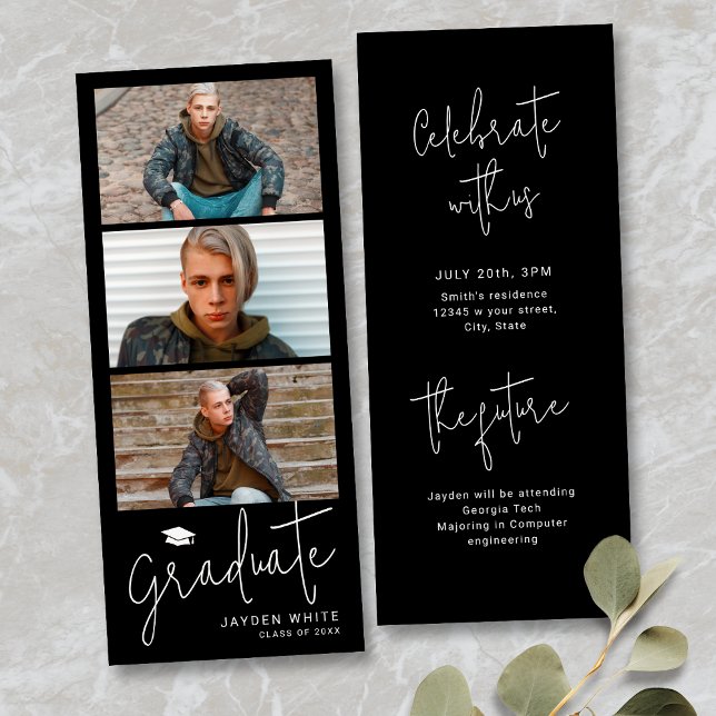 Invitation Black Simple Moderne Script 3 Photo Graduation  (Black Simple Modern Script 3 Photo Graduation Invitation)