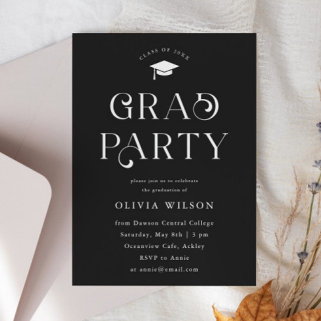 Invitation Black Simple Typographie Grad Party (Créateur téléchargé)