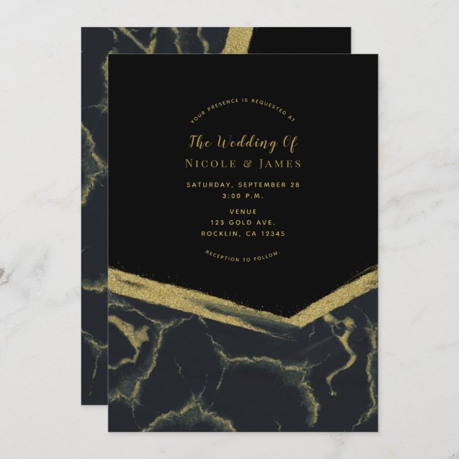 Invitation Black Smoke & Gold Marble Chic Mariage moderne (Devant / Derrière)