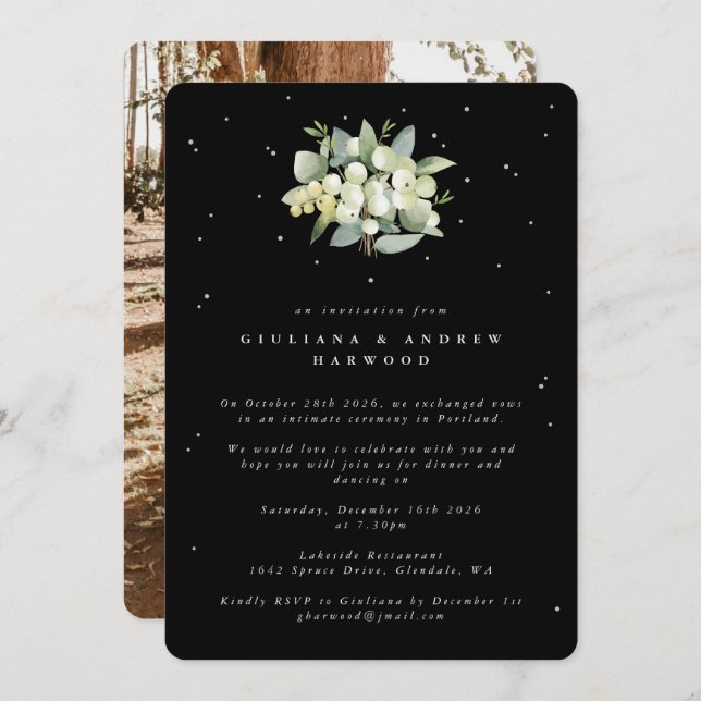 Invitation Black Snowberry+Eucalyptus Réception de mariage Ph (Devant / Derrière)