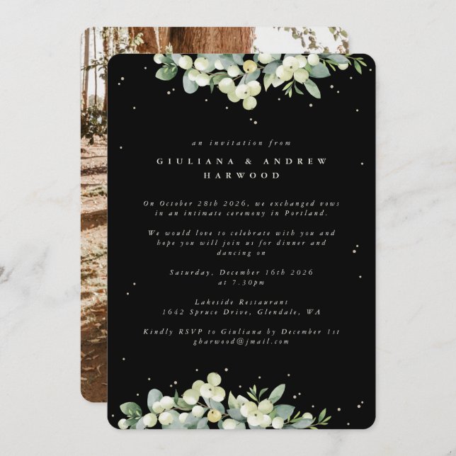Invitation Black Snowberry+Eucalyptus Réception de mariage Ph (Devant / Derrière)