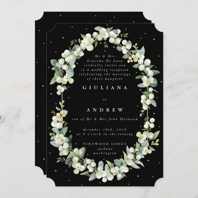 Invitation Black Snowberry+Eucalyptus Réception de mariage un (Devant / Derrière)