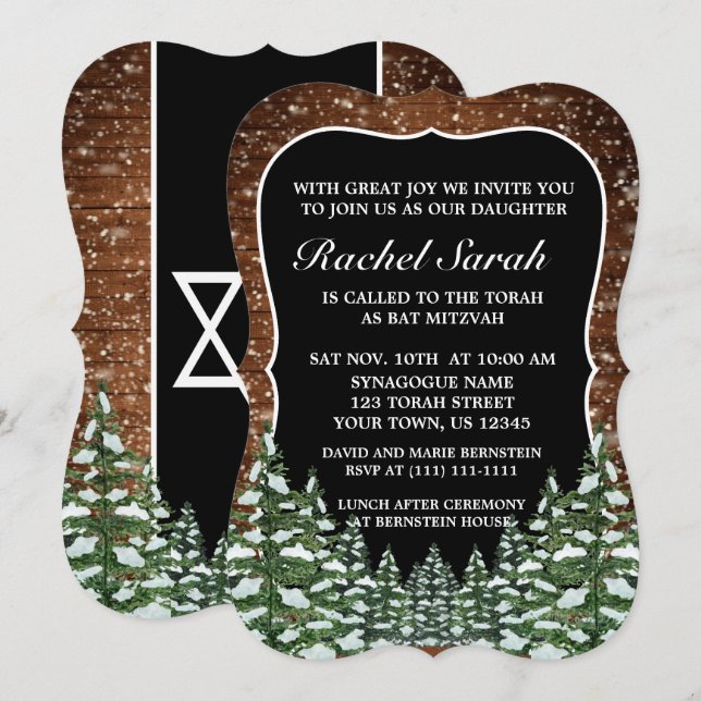 Invitation Black Snowy Bois & Forêt Pine Bar Bat mitzvah (Devant / Derrière)