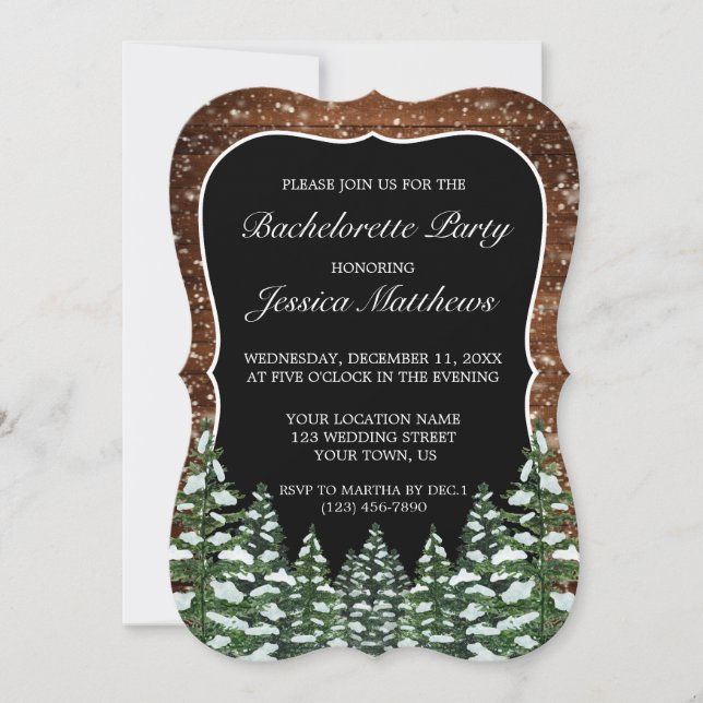 Invitation Black Snowy Wood Forest Pays Bachelorette Party (Devant)