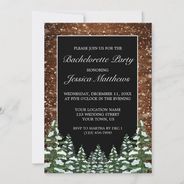 Invitation Black Snowy Wood Forest Pays Bachelorette Party (Devant)