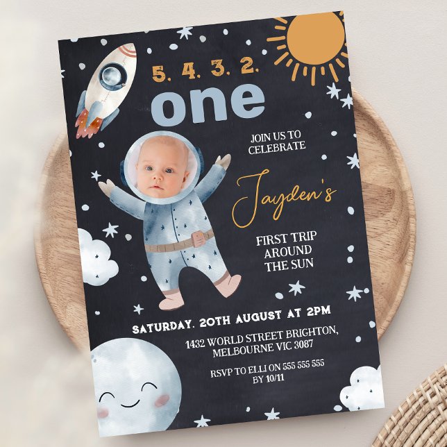 Invitation Black Space Premier voyage autour du soleil 1er an (Boys First Trip Around The Sun 1st Birthday Invitation, Outer Space First Birthday Invitation, )