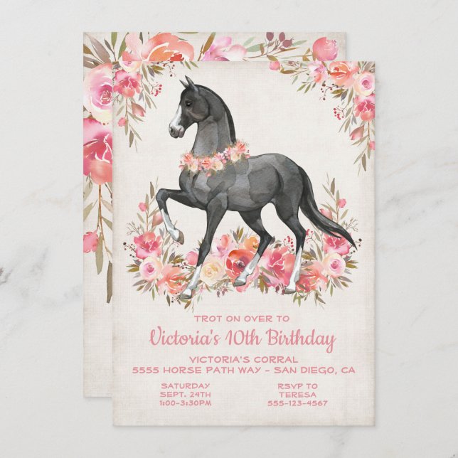 Invitation Black Stallion fleurie Cheval fête d'anniversaire (Devant / Derrière)