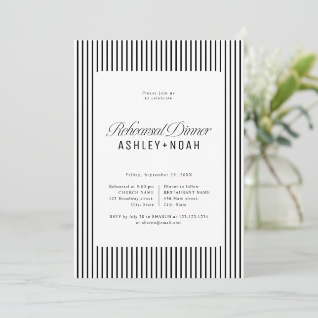 Invitation Black Striped Elegance Classy Rehearsal Dinner (Debout devant)