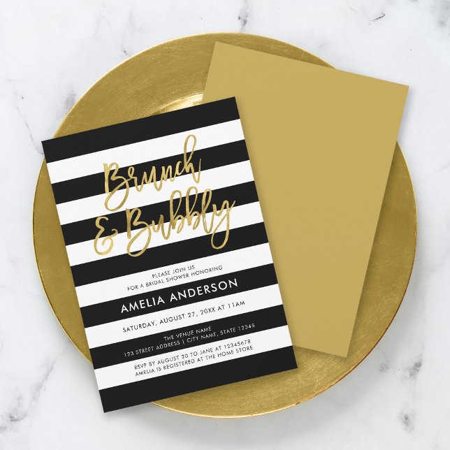 Invitation Black Stripes Gold Brunch & Bubbly Fête des mariée (Créateur téléchargé)