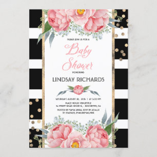 Invitation Black Stripes Gold et Pink Floral Baby shower