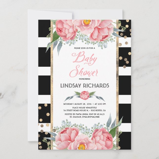 Invitation Black Stripes Gold et rose Baby shower Floral (Devant)