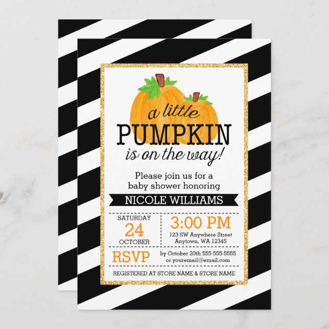 Invitation Black Stripes Gold Little Citrouille Baby shower d (Devant / Derrière)