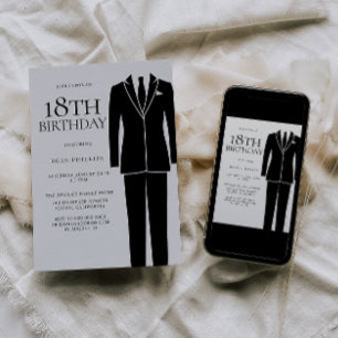 Invitation Black Suit & Cravate Mens 18e fête d'anniversaire