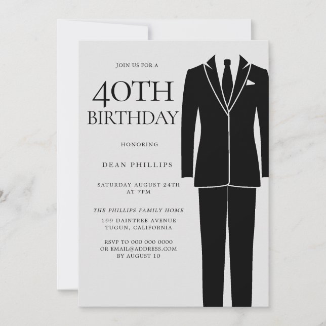 Invitation Black Suit & Cravate Mens 40e fête d'anniversaire (Devant)