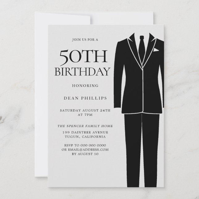 Invitation Black Suit & Cravate Mens 50e fête d'anniversaire (Devant)