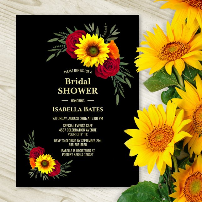 Invitation Black Sunflower Burgundy Rose Bridal Shower (Créateur téléchargé)
