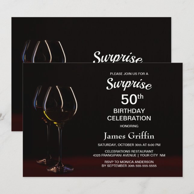Invitation Black Surprise 50e Anniversaire Vin Glass Party (Devant / Derrière)