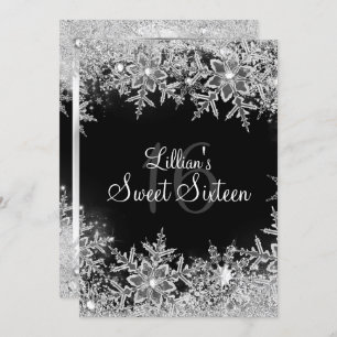 Invitation Black Sweet 16 Diamond Snowflake Winter Wonderland