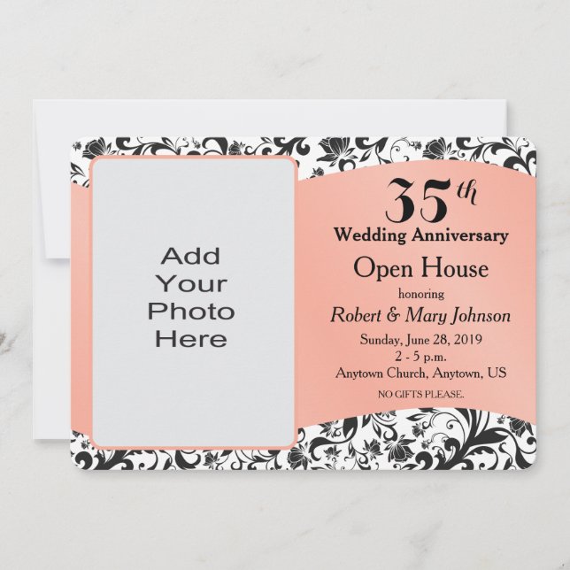 Invitation Black Swirl & Coral 35e anniversaire du Mariage (Devant)