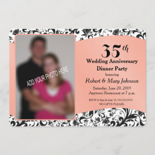 Invitation Black Swirl & Coral 35ème anniversaire du Mariage 